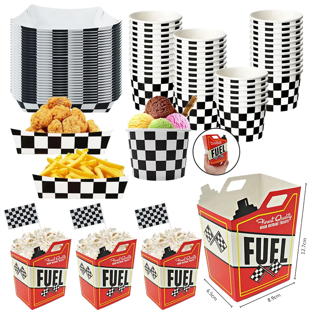سباق السيارات حفلة عيد ميلاد لوازم الفشار صناديق أسود أبيض متقلب صواني الطعام ورقة وعاء للوجبات الخفيفة سباق السيارات الصبي عيد ميلاد upplies