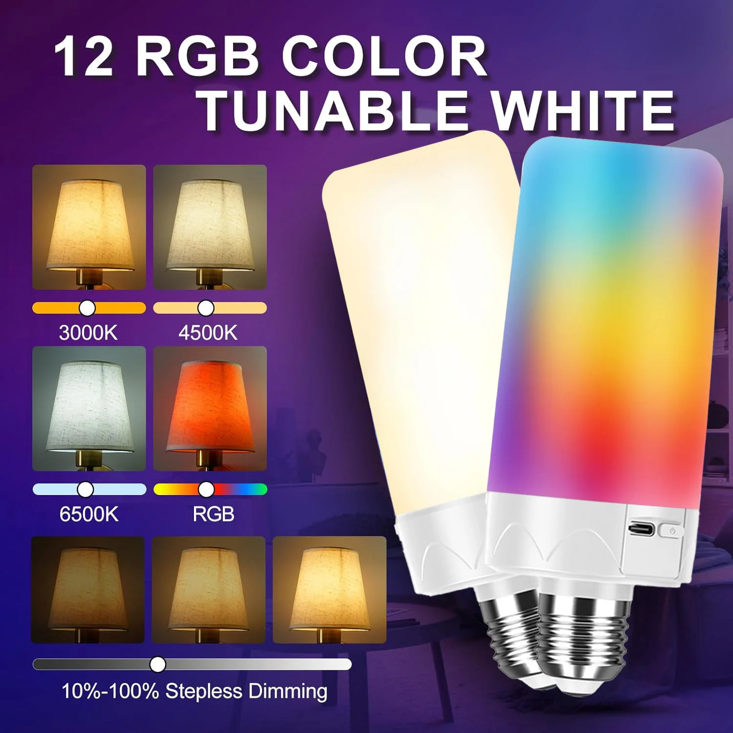 Rechargeable Emergency Light Bulb with Remote, Color Changing Battery Powered USB LED Bulbs 12 RGB Color Dimmable E27  for Power