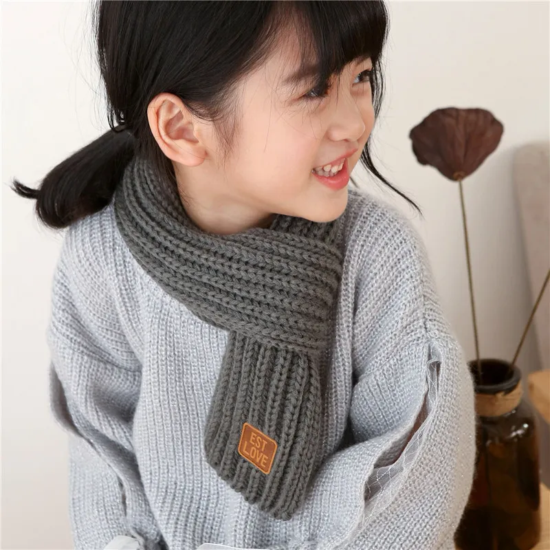 2022 Winter Children Colors Soft Knitting Wool Thermal Scarf Boys Girls Lovely Outdoor Warmer Scarf Kids Solid Labelled Scarf