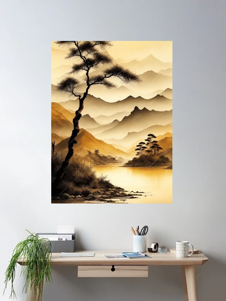 Chinese ink wash painting depicting a serene landscape, Print Art Canvas Poster, For Living Room Decor, Home Wall Picture