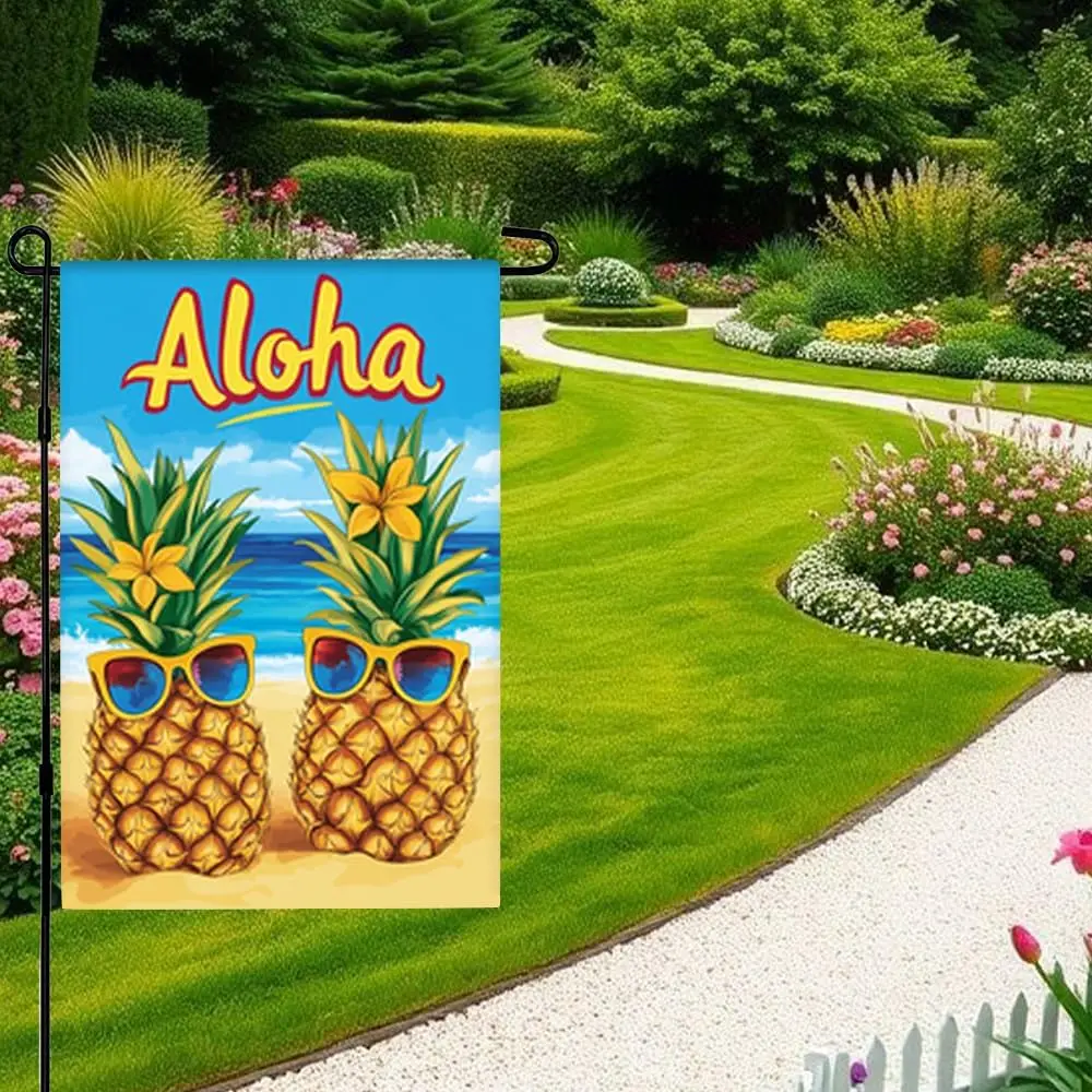 Garden Flag 12x18 Inch Outdoor Yard Banner Featuring Two Pineapples with Sunglasses and Yellow Flowers on Tropical Beach wit PPM