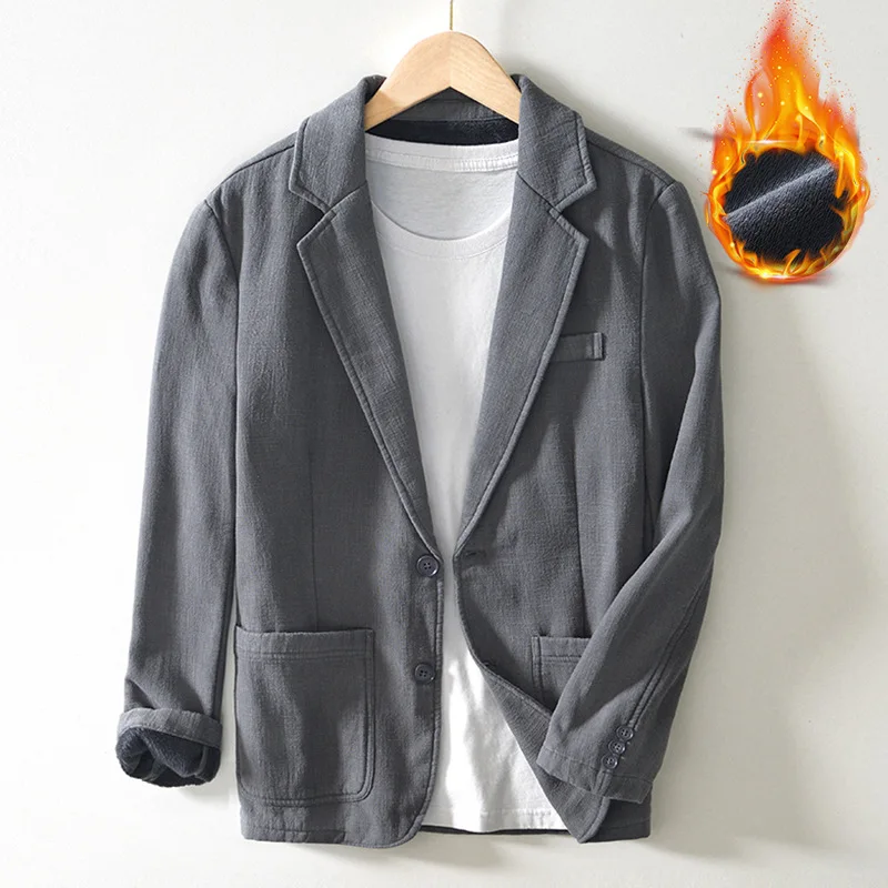 

Men's Casual Thiened Fce Lined Cotton Linen Suit Jaet Autumn Winter Faion Ci Sle Long Sve Regular Fit Coat