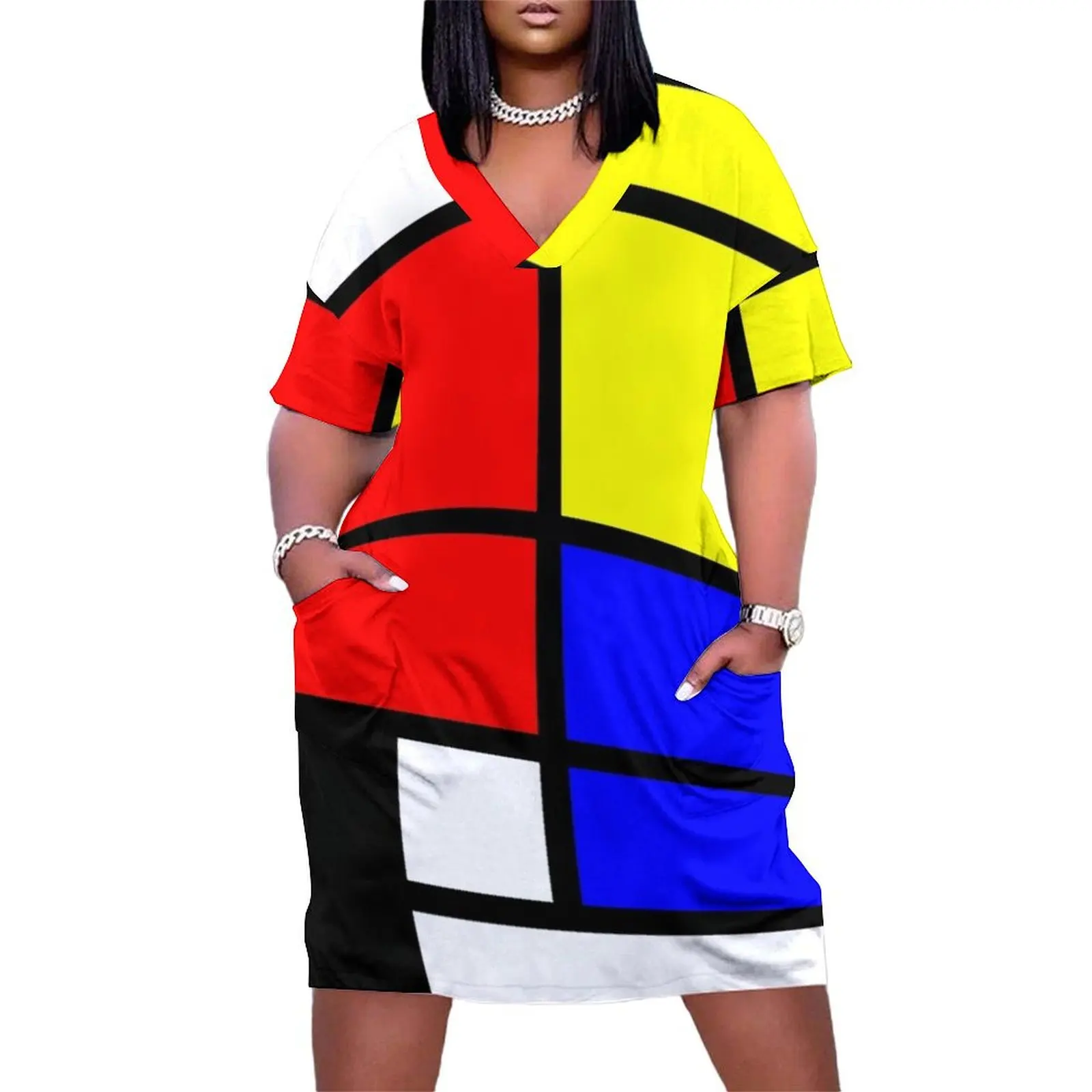 

Mondrian style art deco design in basic colors Loose Pocket Dress sexy dress dresses summer prom dress Female clothing