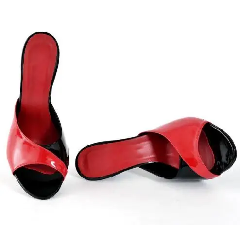 

Black Red Patent Leather Constract Round Peep Toe Stiletto Mules Women Sexy Shallow Slip On Thin Heels Modern Slippers Slides