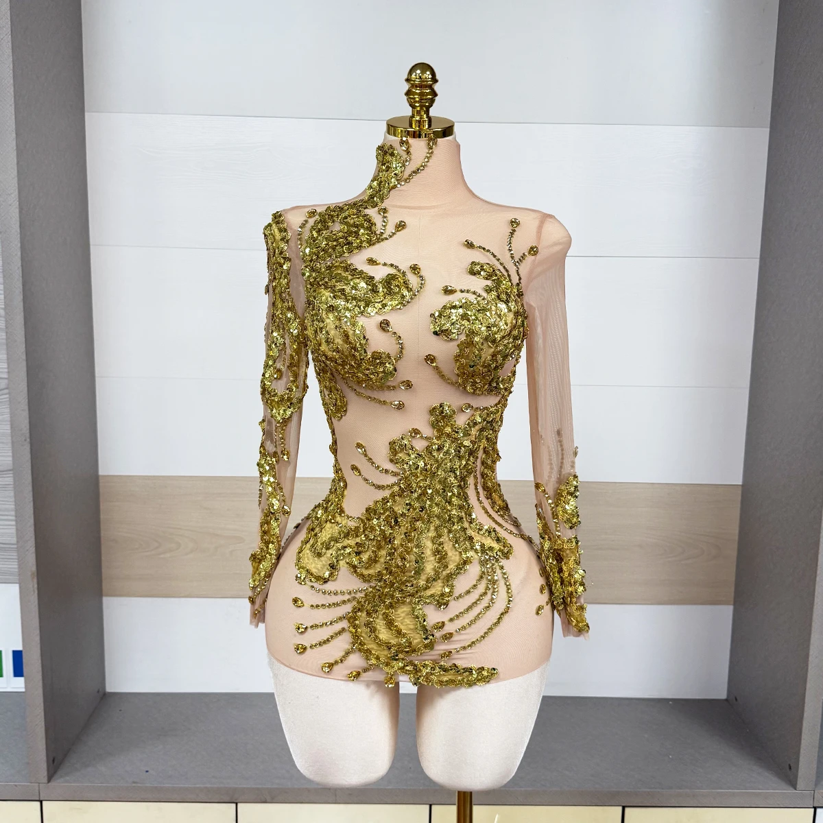 Designer Gold Funkelndes Kristall-Paillettenkleid Sexy DS DJ Mesh Transparentes Geburtstagsparty Latein-Outfit Feier-Show-Outfit