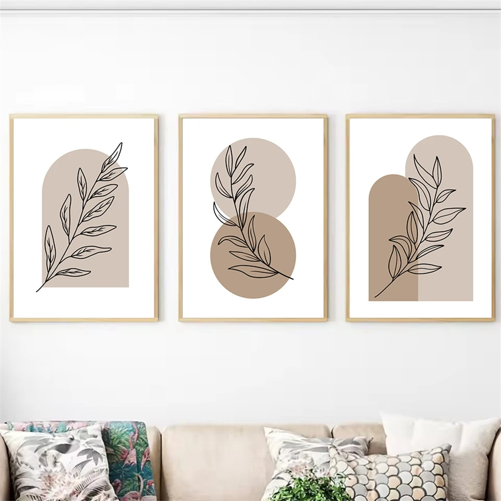 Modern Bohemia Brown Beige Geometric Poster Plant Canvas Painting Abstract Wall Art Prints Pictures Living Room Interior Decor