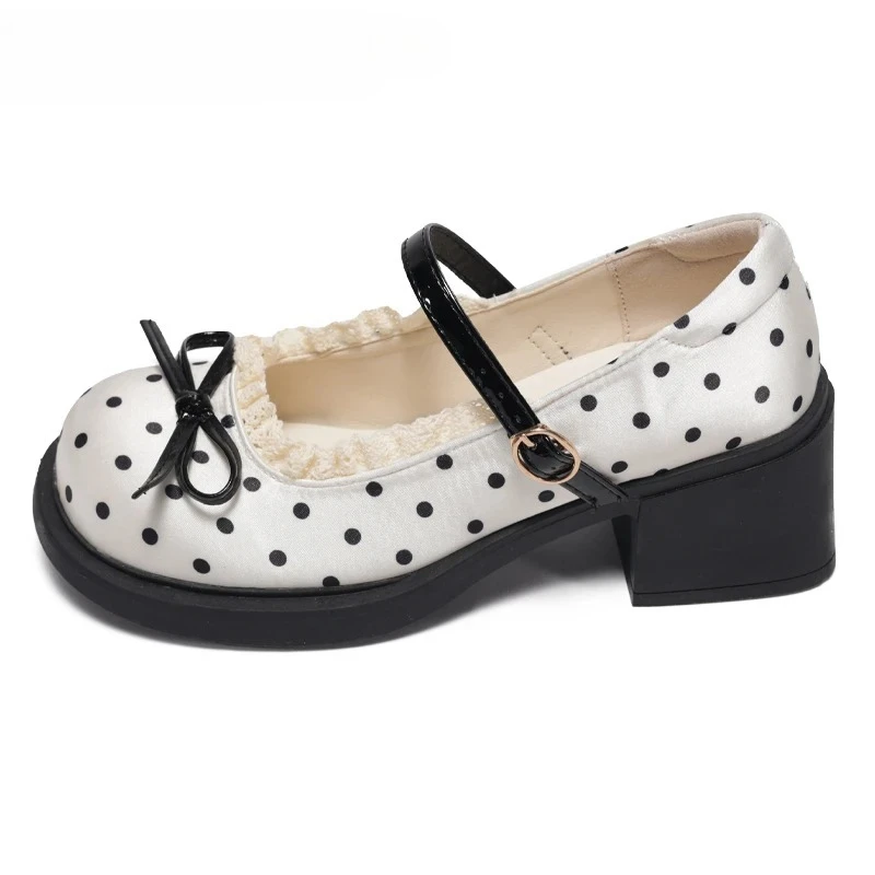 Cute Polka Dot Thick Heel Women Mary Jane Shoes Comfort Shallow Strap Pumps Ladies Eelgant Butterfly-knot Dress Single Shoes - view 6