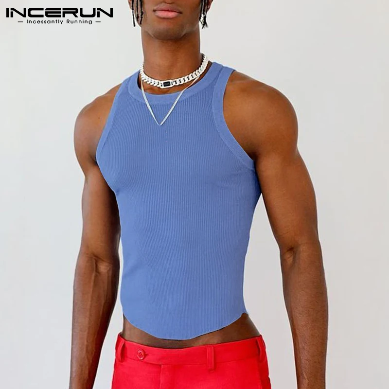 INCERUN Solid Color Men Tank Tops Round Neck Sleeveless Streetwear 2024 Summer Casual Vests Fitness Fashion Men Clothing S-5XL