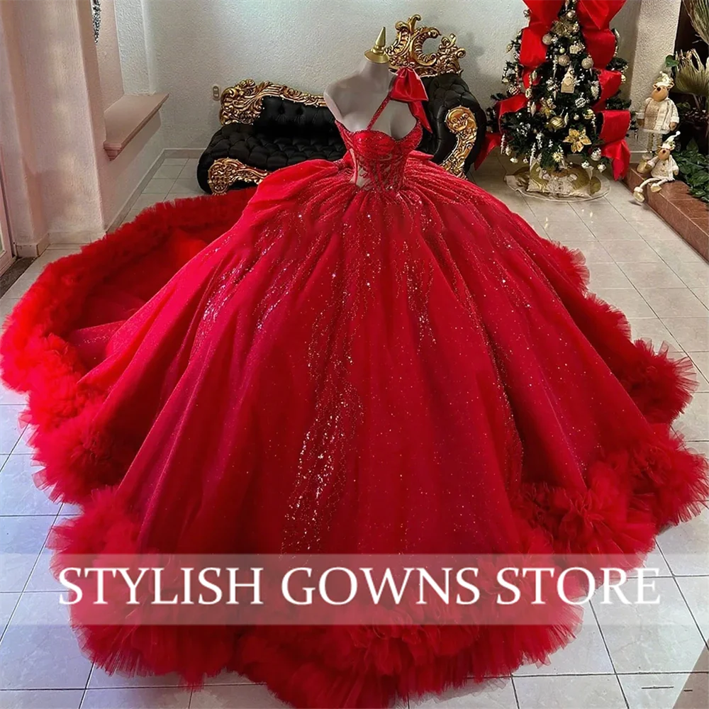 Charming Lace Appliques Quinceanera Dress for Girls Illusion Spaghetti Straps Robe Quinceanera Rouge Customized
