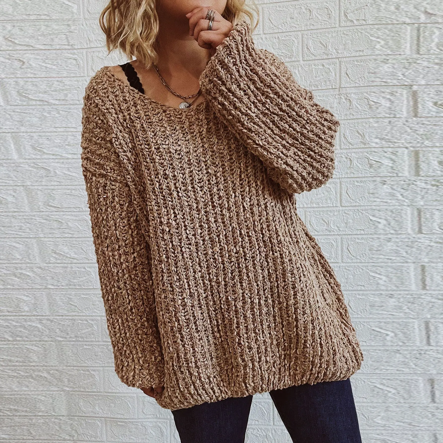 2023 Autumn/Winter New Casual Loose V-Neck Long Sleeves Seersucker Knitwear Pullover Sweater