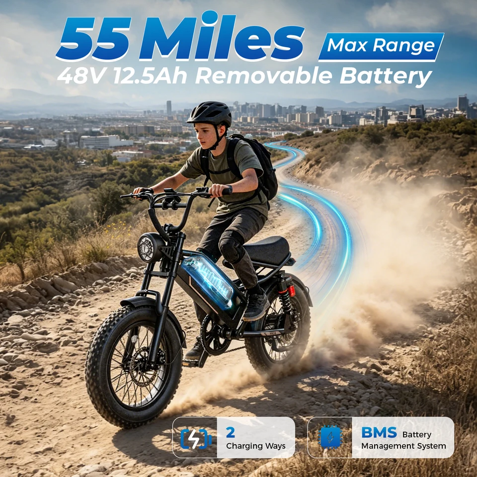 Electric Bike with Peak 2000W Motor, 600Wh Battery Electric Bicycle, Fat Tire Dirt Bike with Cruise Control, 55 Miles Moped Ebike that Suitable for Small Riders & Teenagers image 2