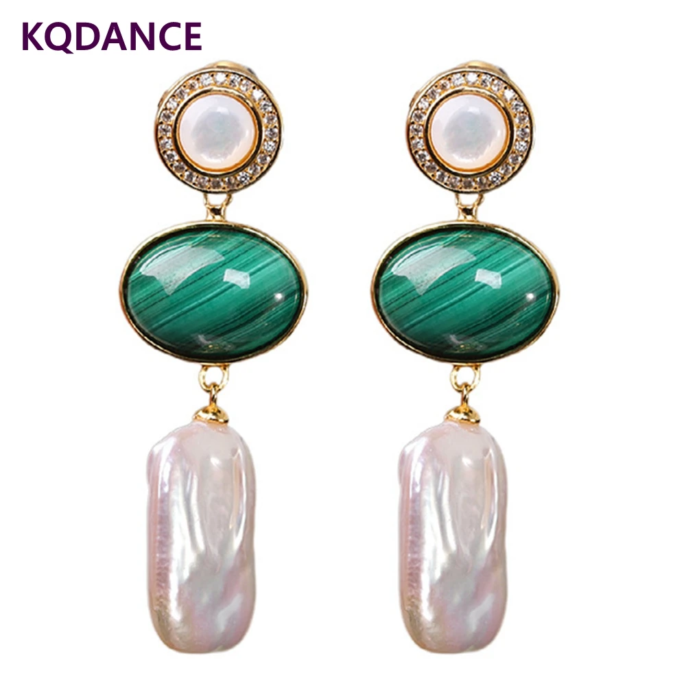 

KQDANCE Real 925 Silver With Baroque pearls Natural Malachite Long Dangle Earrings Women Green Gem Stone Earring Fine Jewelry