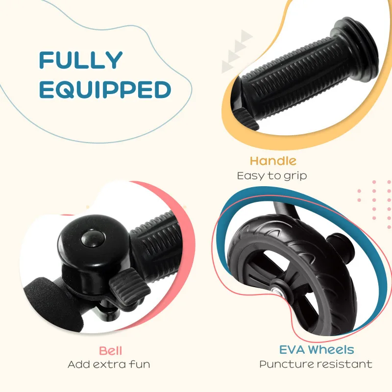 Kids Ride On Trike with Ergonomic Seat Quiet EVA Wheels Powder Coated Steel Frame Safety Bell Easy Grip Handles Quick Storage