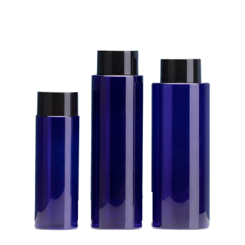 

10pcs Plastic Toner Bottle Blue Cylinder Lotion 100/150/200ml Essence Liquid Packaging Facial Water Bottles with Black Screw Cap