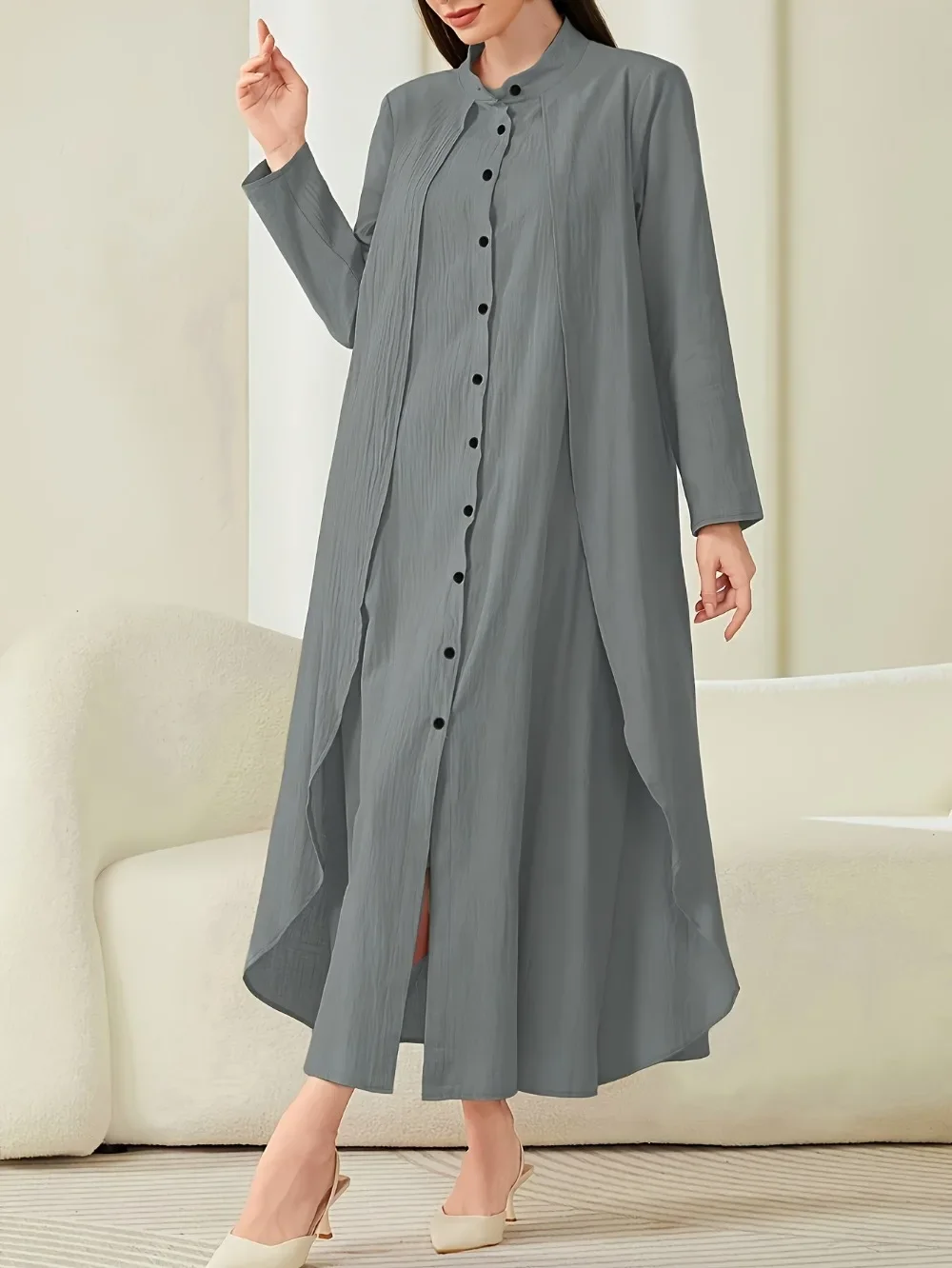

Solid Casual Full Sleeved Spliced Floor Length Summer Fake 2 Piece Women Round Neck Dresses Button Loose Long Dresses