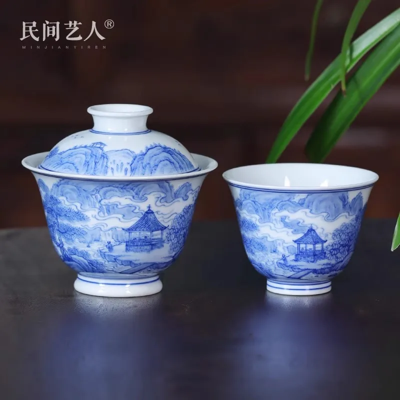 LMM hand-painted blue and white landscape cover bowl teacup high-end light luxury retro underglaze color kung fu tea set
