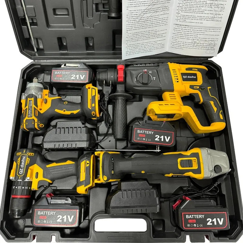 Professional High Power 4Pcs Wrench Angle Grinder Hammer Drill Cordless Electric Screwdriver Power Battery Tools Set Combo Acce
