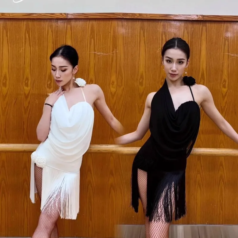 

Customized Adult Latin Dance Dress Hanging Neck Bareback Camellia Decoration Split Tassel Half Skirt Practice Clothes White