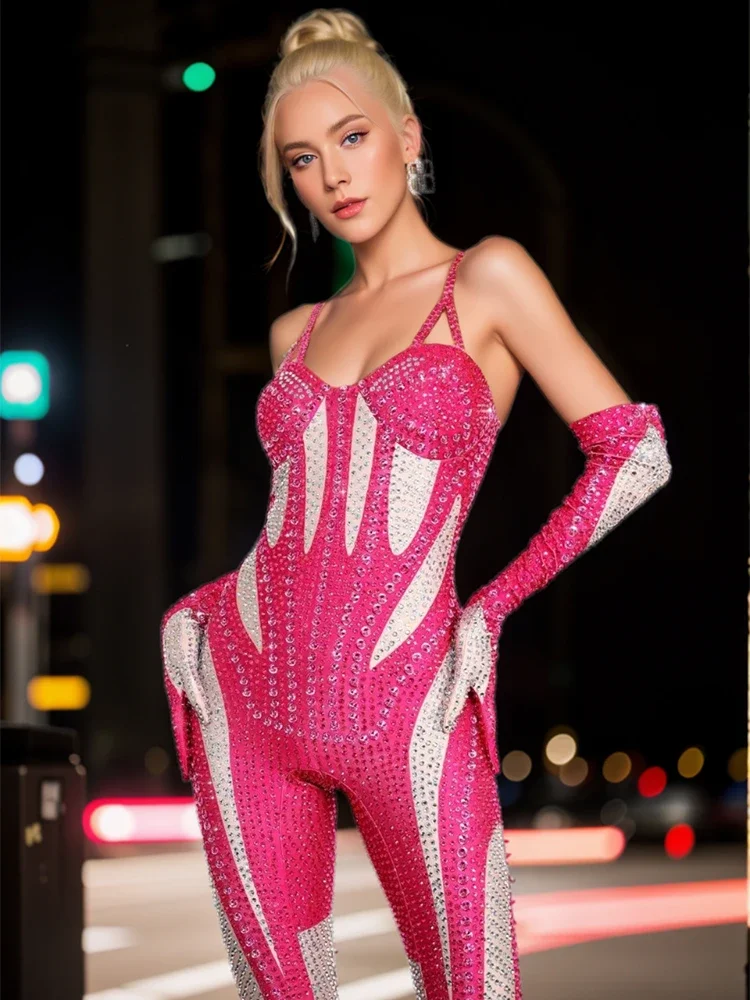 Luxurious Full Rhinestones Transparent Jumpsuit Gloves Set Sexy Tight Birthday Prom Party Outfit Dancer Show Rompers Stage Wear