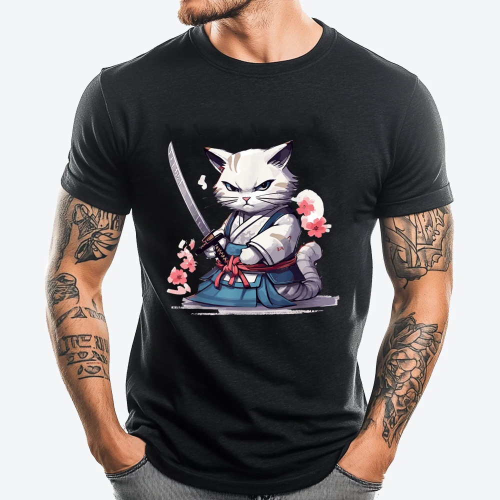 

Cat With Katana Japan Cat Samurai Warrior Funny Shirts T Shirts For Men Plus Size Family Fashion T Shirt Men Cotton T Shirt Men