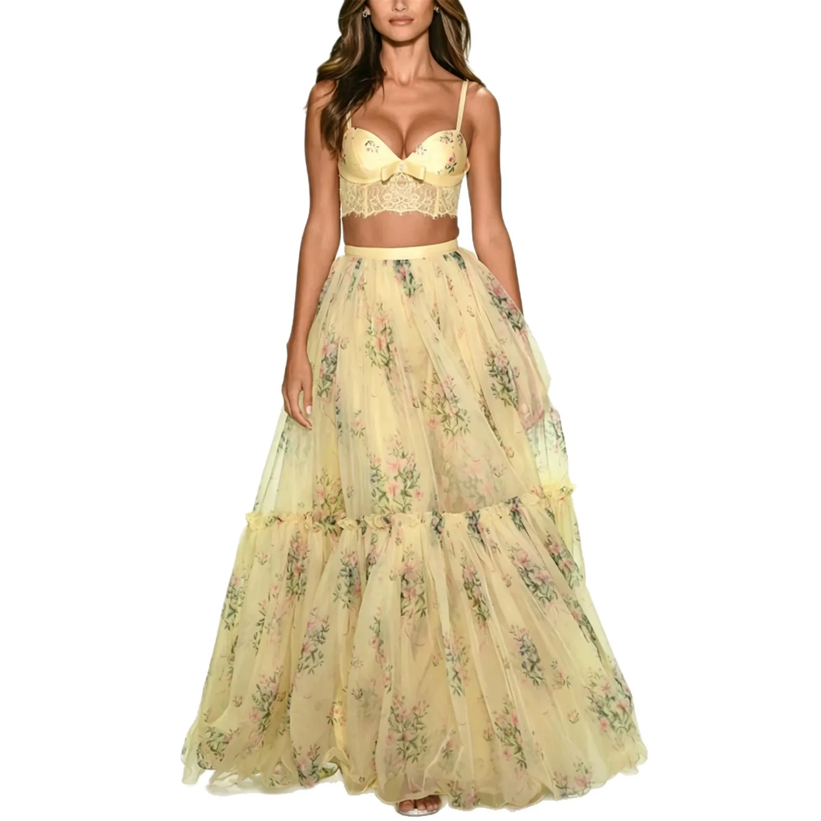 Vacation Style Skirt Two Piece Set Women Sexy V-neck See Through Lace Patchwork Camisole Chiffon Print Skirts 2 Piece Sets New