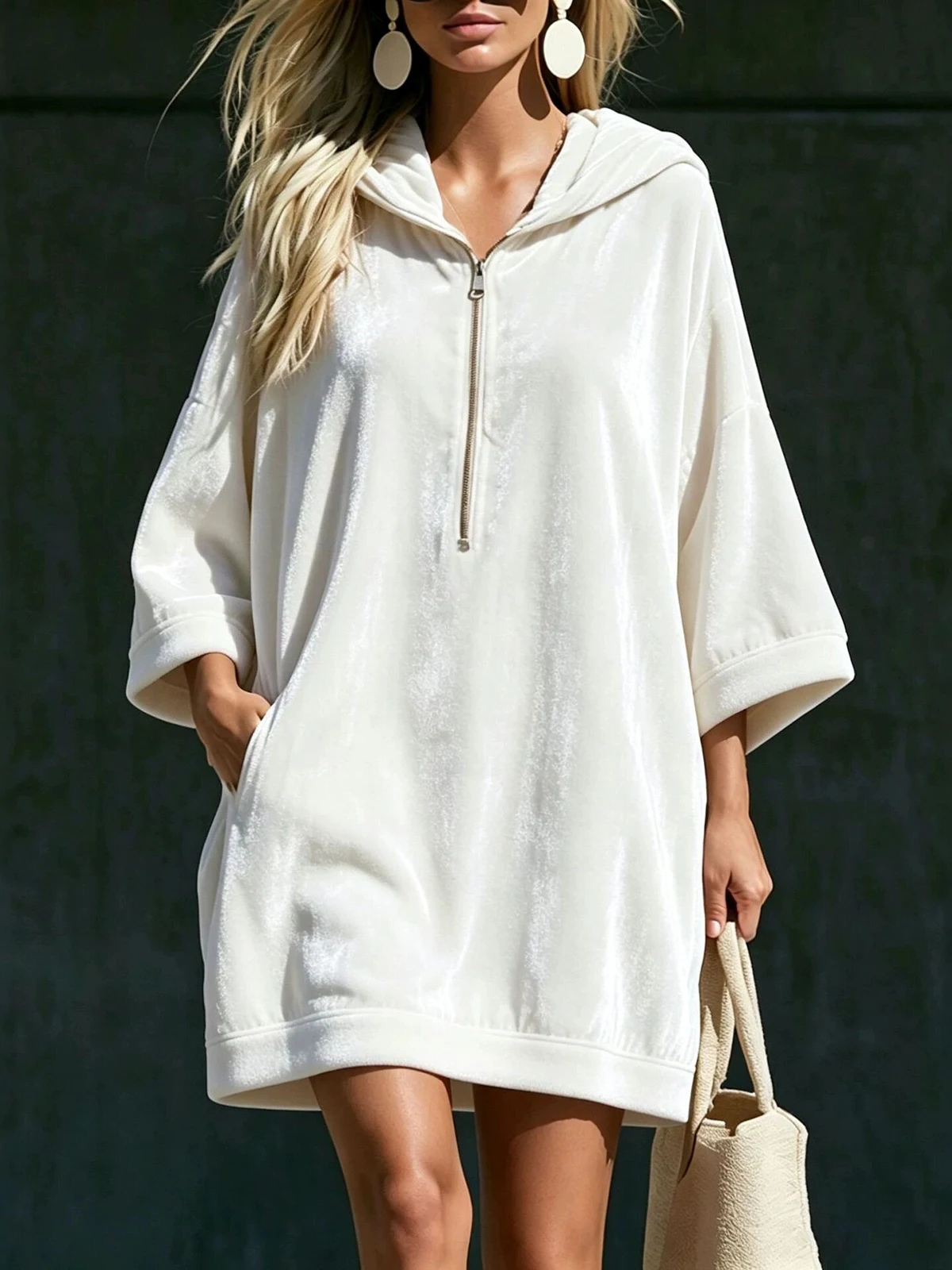 Damen Samt-Hoodie Mini Elegantes Kleid Lose Lange Ärmel Reißverschluss A-Linie Rüschensaum Mode Streetwear Vintage Kurze Kleider – Detail 2