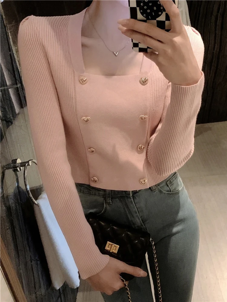 Short Square Collar Crop Top Knitted Sweater Women Korean Clothes Love Button Long Sleeve Sweaters 2024 Autumn Winter Pullover