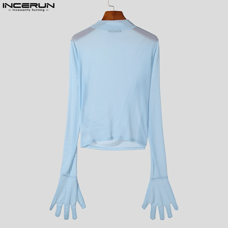 INCERUN Sexy Men Tops Mockneck Long Sleeve Mesh Transparent T Shirts Night Club Party Sexual See Through Net Yarn Shirts