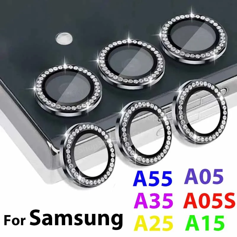 Diamond Camera Ring for Samsung A55 A35 A25 A15 A05 A05S A14 A24 A34 A54 Tempered Glass Camera Lens Protector Alloy Ring Cover