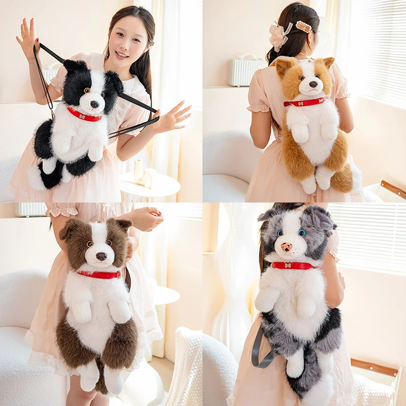 50cm New Border Collie Plush Backpack Long-Haired Fluffy Dog Backpack Cute Shepherd Dog That Can Bark Stuffed Bag Birthday Gift
