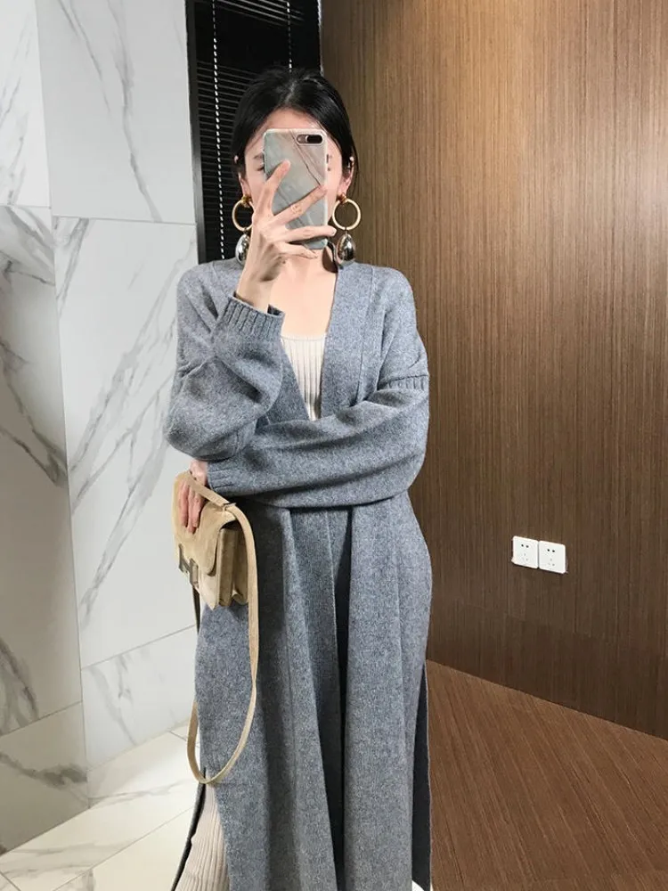 Autumn and winter new Korean version of 100% cashmere cardigan loose  long over the knee network red sweater coat knitwear