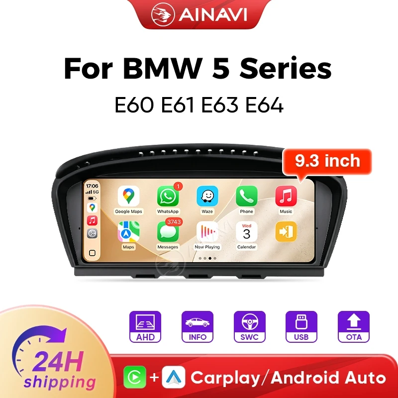 AINAVI Autoradio für BMW 5er E60 E61 E62 E63 2005-2011 3er E90 E91 E92 E93 Kabelloses Carplay Android Auto Multimedia 9,3 Zoll 1600*600 HD IPS Touchscreen