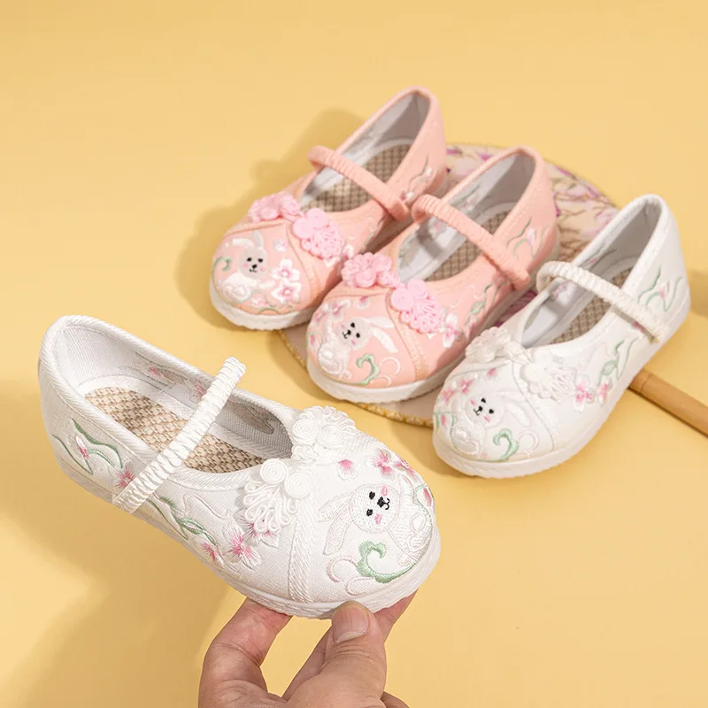 Kids Shoes Girls Shoes Flowers Rabbits Embroidered Cloth Shoes for Children Soft-soled Flat Princess Shoes Pink White