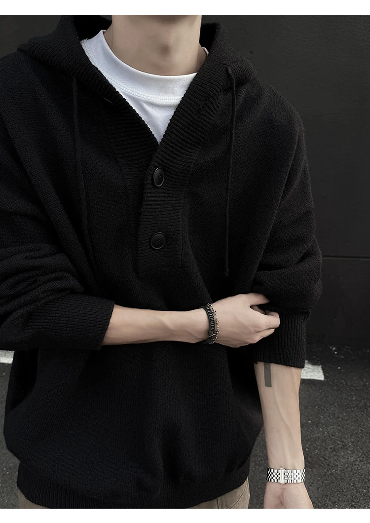 2025 Spring and Autumn Men's Gray Apricot Half Cardigan Knitted Sweater Men's Trendy Loose Casual Red Black Hooded Sweater