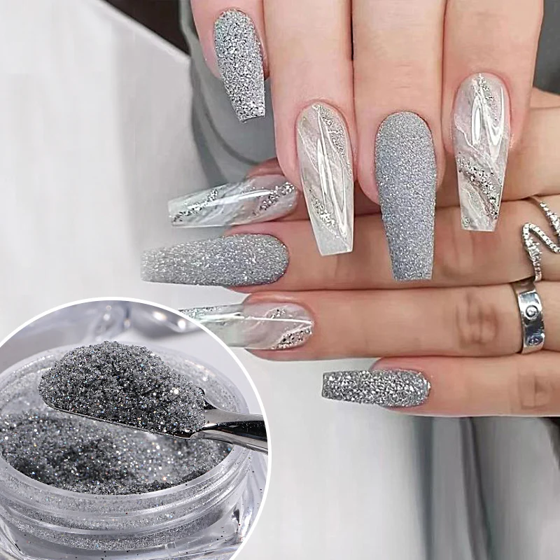 กลิตเตอร์ทาเล็บ6ชิ้นผงทรายละเอียดโฮโลแกรมแวววาวเม็ดสีขาวสีดำสะท้อนแสงเกล็ดผงอุปกรณ์ทำเล็บ