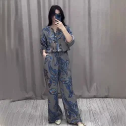 Two Piece Sets Print Shirt Wide Leg Pants Women Muslim Suits Arab Musulman Ensembles Moroccan Kaftan Ramadan Outfits Summer