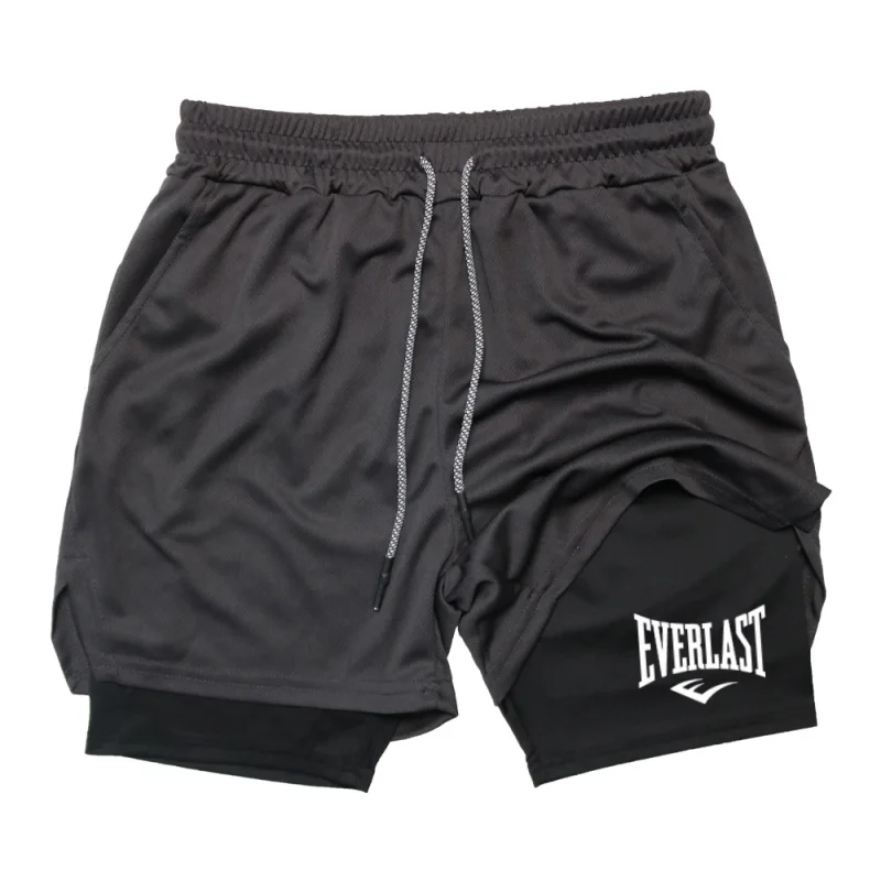 Men's compression gym shorts, EVERLAST printed sports pants, double layered, quick drying, basketball, beach, muscle, fitness