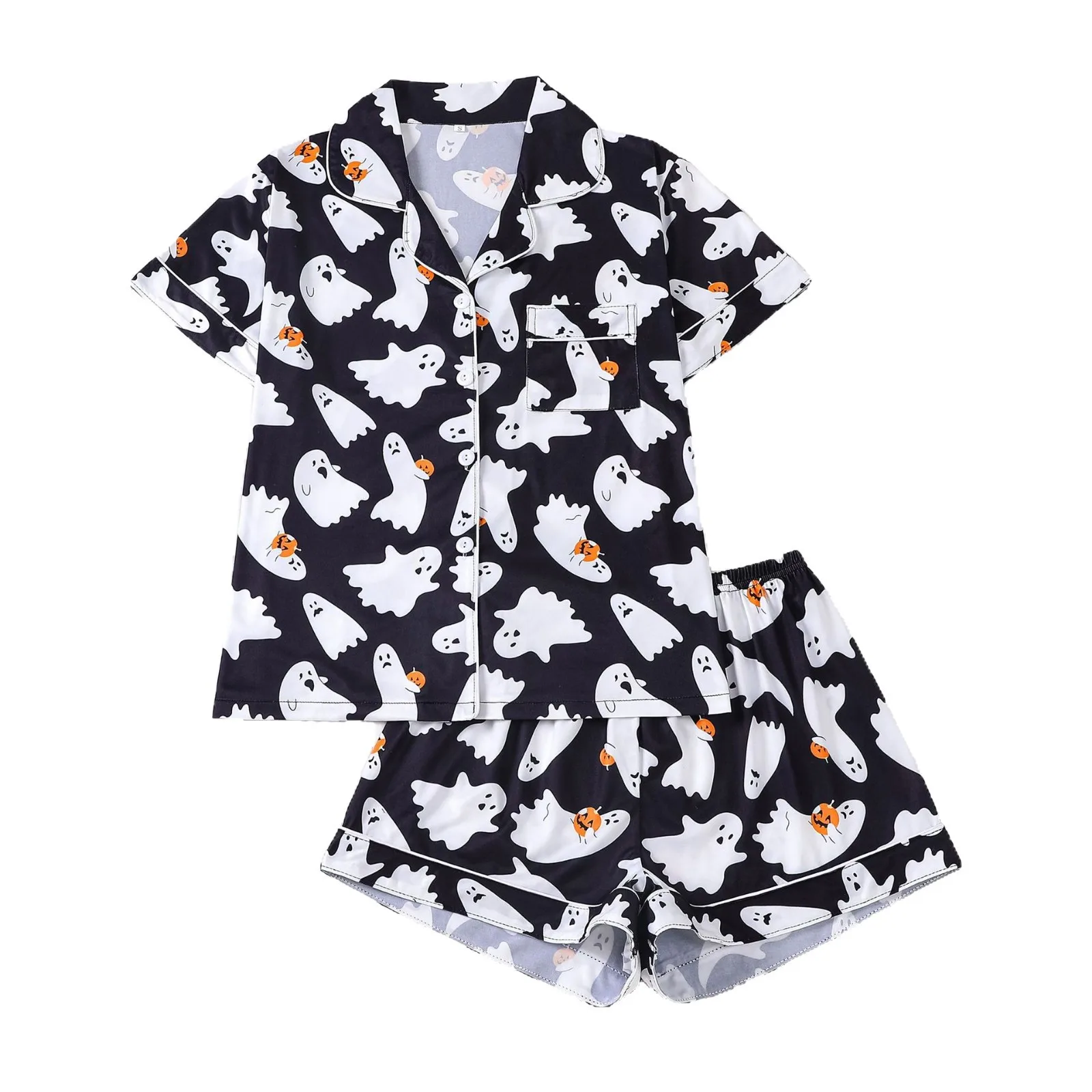 2Pcs Women's Cartoon Pumpkin Halloween Pajamas Funny Print Female Girls Sleepwear Party Short Sleeved Top Shorts Nightshirt Set
