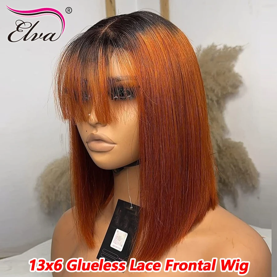 

Ombre Colored Bone Straight 13x6 Transparent Lace Front Wigs With Bangs Lace Glueless Wigs Human Hair Short Bob Wigs For Women