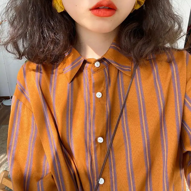 

Spring New Striped Loose Casual Blouse Polo Neck Long Sleeve Youth All-match Trend Shirt Tops Vintage Fashion Women Clothing