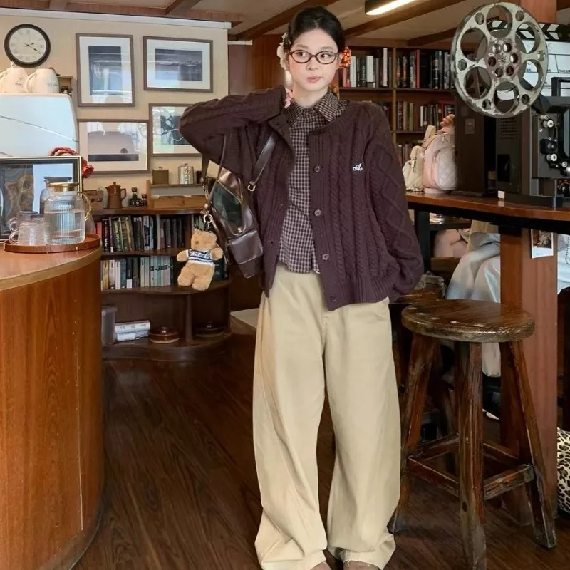 Deeptown Brown Plaidi Vintage Women Shirts Elegant Long Sleeve American Style Blouses Slim Casual Aesthetic Classic Office Lagy