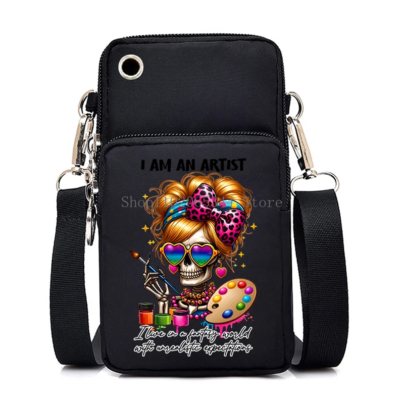 Women\'s Vintage Skull Donut Print Small Crossbody Shoulder Bag Funny Designer Mobile Phone Bag Fashion Skeleton Purses Handbag