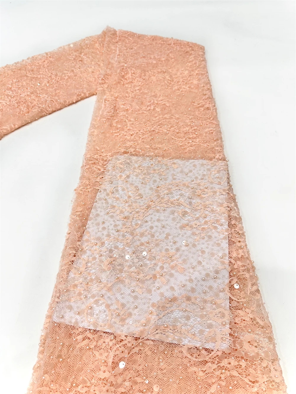 French African Groom Lace Fabric 2025 Beaded High Quality Embroidery For Women Wedding Dress Nigerian Sequin Lace Fabric 5 Yards image 3