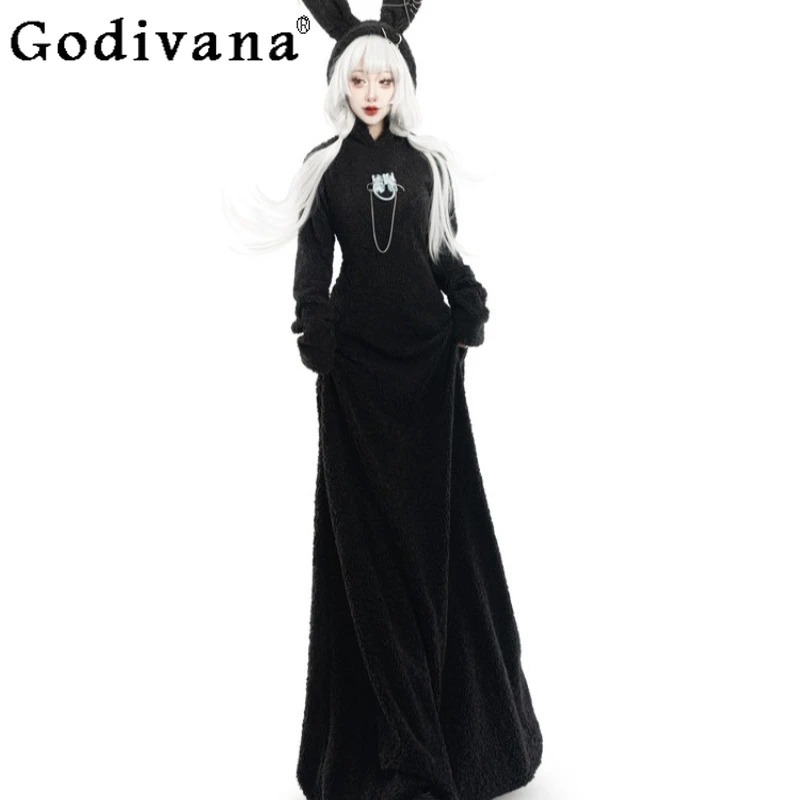 

Gothic Rabbit Ears Hooded Thickened Dress Women's Lamb Wool Floor Length Warm Long Dress Female Japanese Style Black Dress
