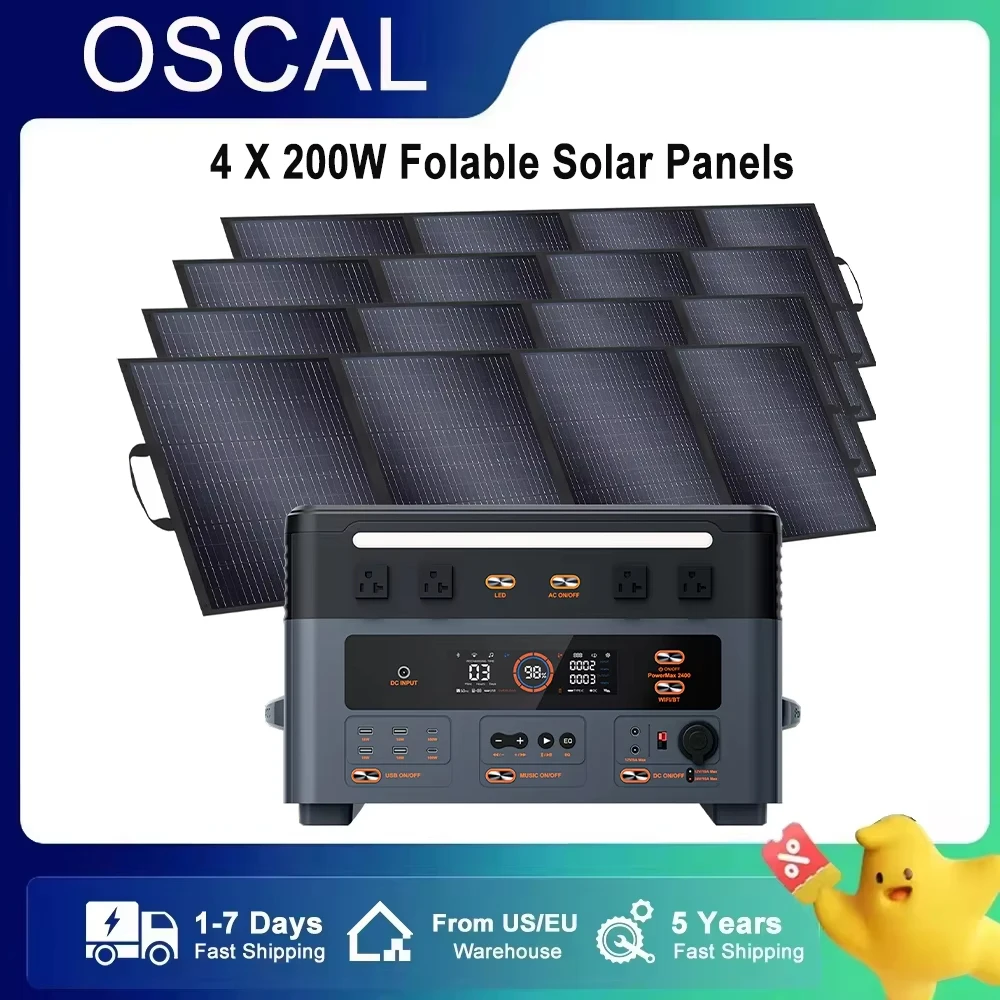 

OSCAL PowerMax 2400 Outdoor Generator 2400W MPPT Portable Power Station with 4X200W Folable Solar Panels 4X18V (72Vpeak) For RV