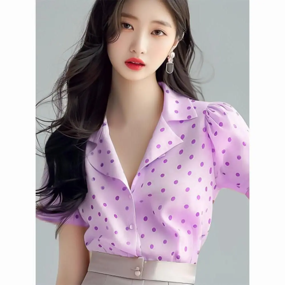 

Ele ort Sve Women's irt Design Summer 2025 Sle Polka Dot Chiffon Top Pink Color Busin Casual Faion