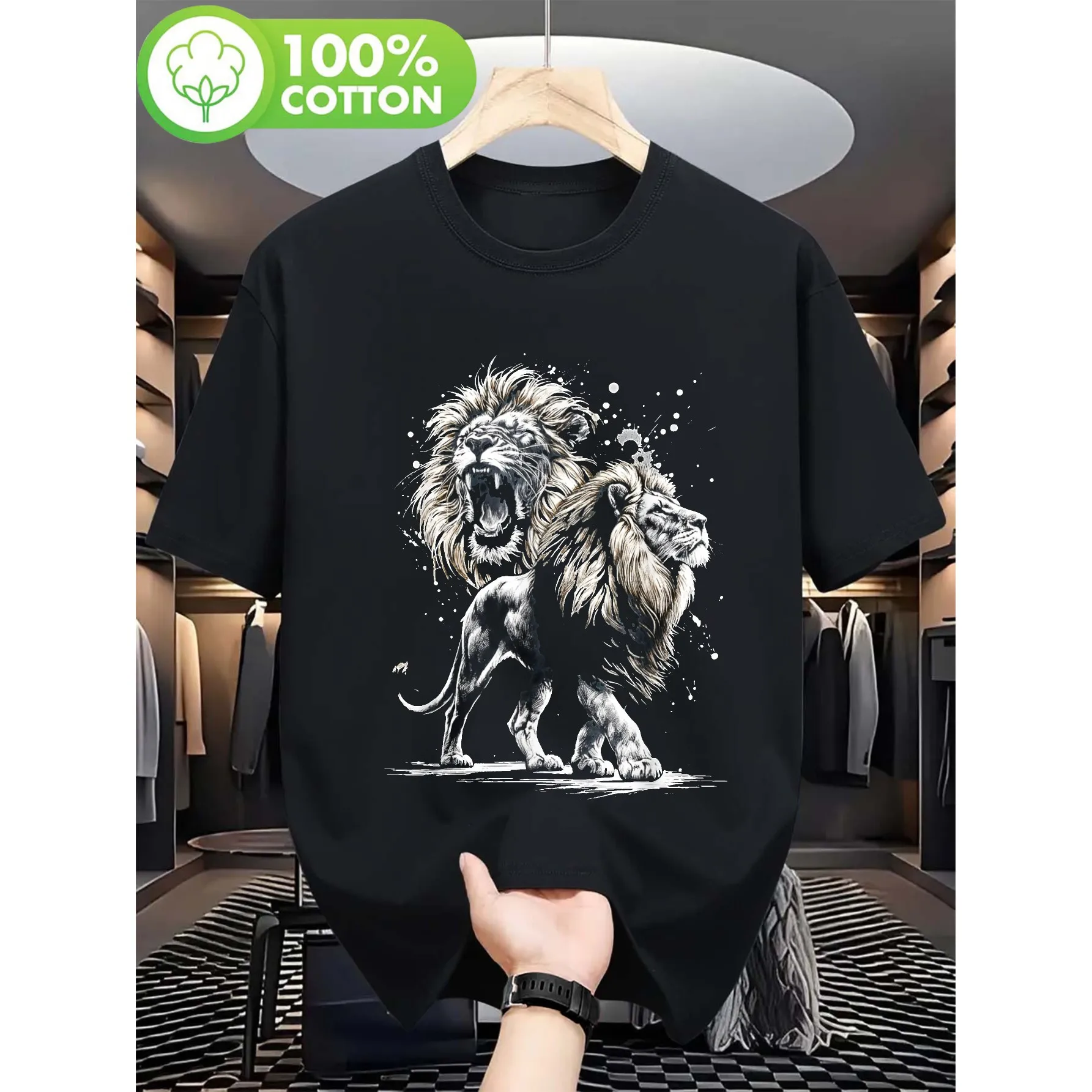 

Art Style Roaring Lion Graphic Tee Soft Cotton Breathable Short Sleeve T-Shirt Daily Wear