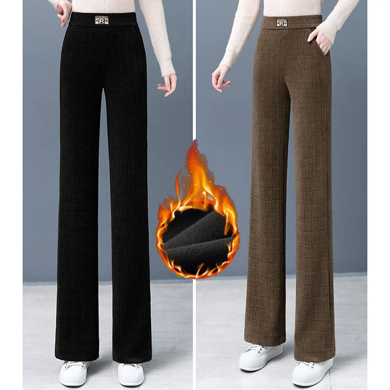 2024 New Winter Women Retro Style Wide Leg Pants Lady Chic Plush High Waisted Trousers Female Versatile Thermal Thicken Slacks