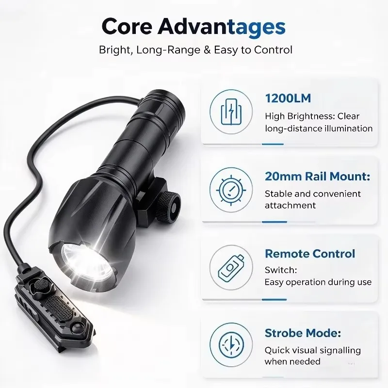 20mm Rail Mounted LED Torch 1200 Lumen Flash Lighting Flashlight Long Range with Remote Control Switch for Outdoor Activity