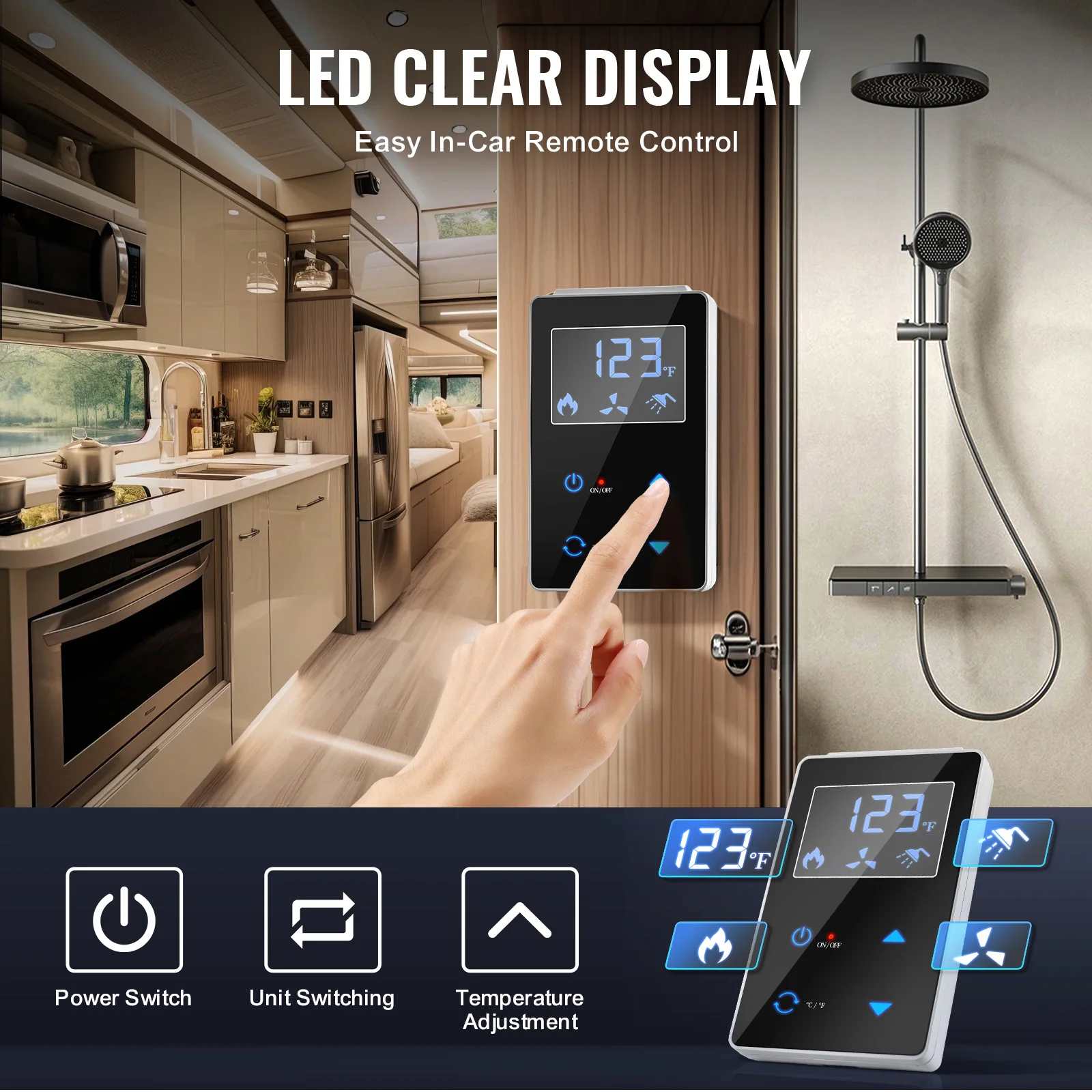 سخان مياه SucceBuy RV بدون خزان دش فوري 15 × 15 بوصة أداء مريح مثالي للمياه الساخنة مثالي لعائلة RVers